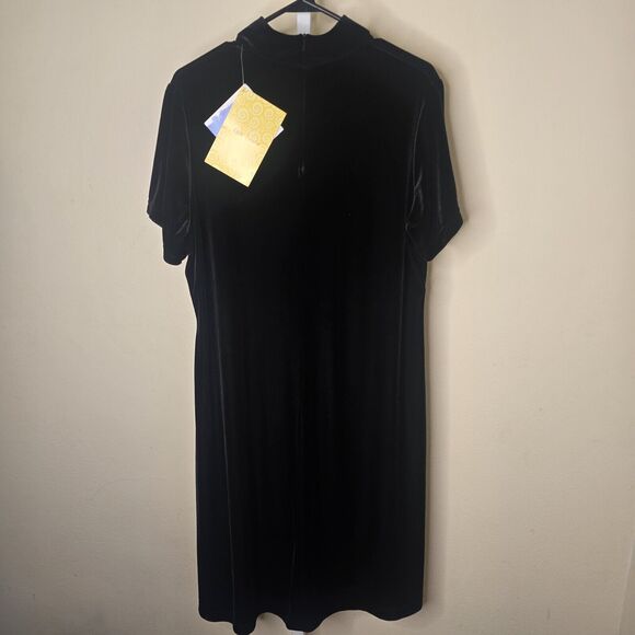 Susan Graver Style Women's L Black Velvet Short Sleeve Mockneck Midi Dress - Picture 2 of 15